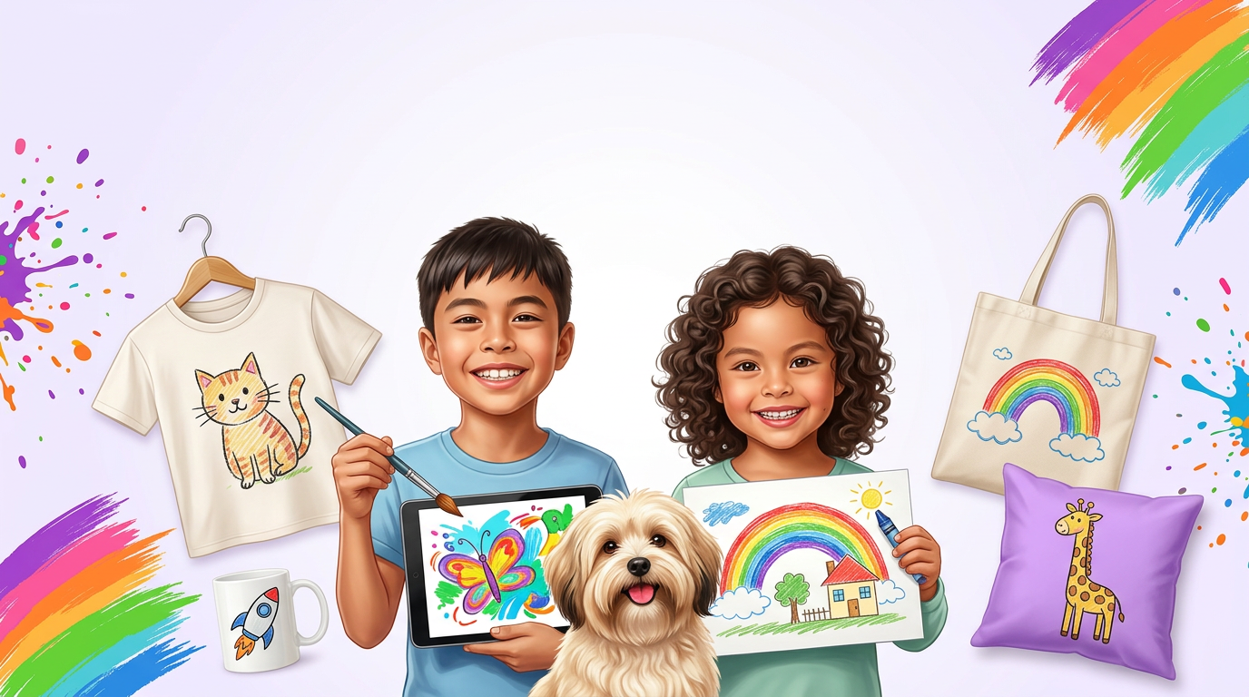 Two young artists holding their drawings with a fluffy dog, surrounded by a printed t-shirt, tote bag, mug and cushion made from kids' art